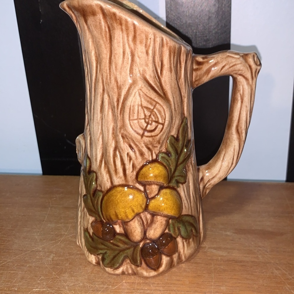 Retro Mushrooms Handmade Ceramic Wood Grain Pitcher or Vase Shelf / Home Decor - Picture 13 of 14